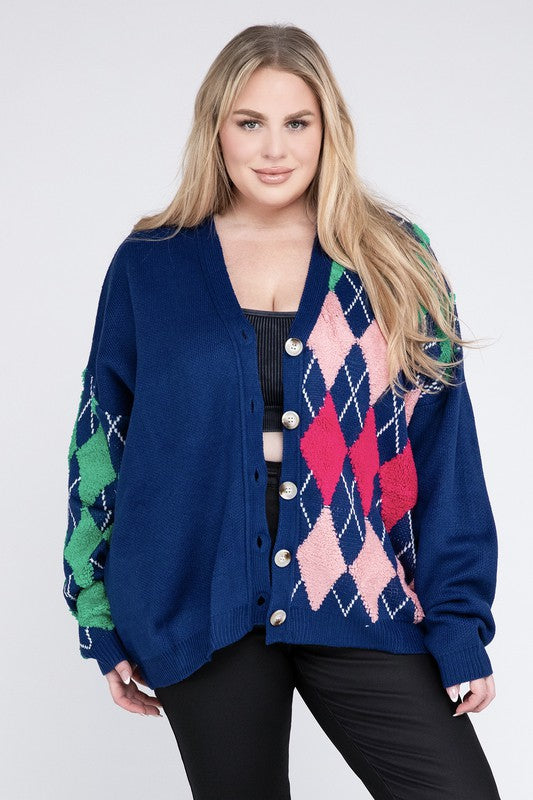 Argyle V Neck Button Front Cardigan