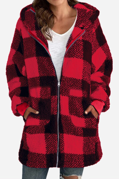 Double Take Plaid Long Sleeve Hooded Coat