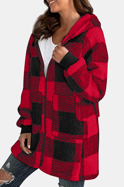 Double Take Plaid Long Sleeve Hooded Coat