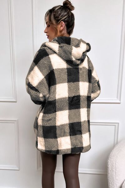 Double Take Plaid Long Sleeve Hooded Coat