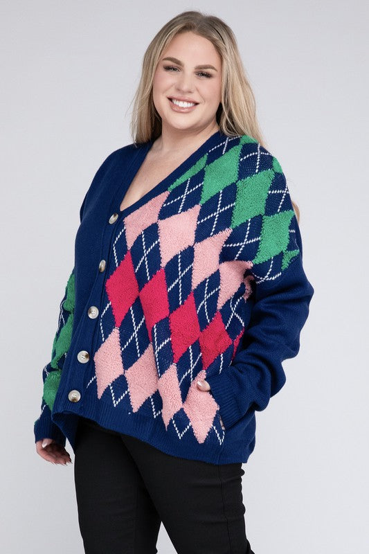 Argyle V Neck Button Front Cardigan