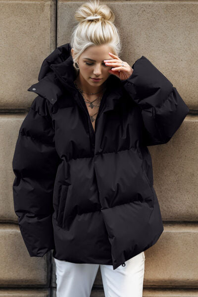 Pocketed Zip Up Hooded Puffer Jacket