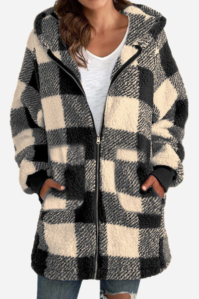 Double Take Plaid Long Sleeve Hooded Coat