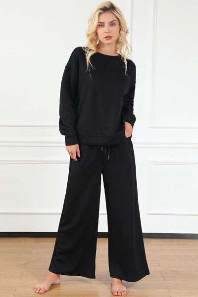 Double Take Textured Long Sleeve Top and Drawstring Pants Set