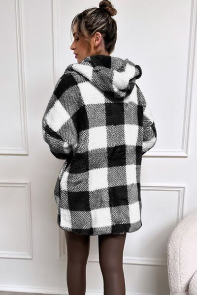 Double Take Plaid Long Sleeve Hooded Coat