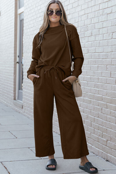 Double Take Textured Long Sleeve Top and Drawstring Pants Set