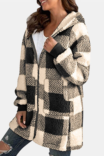 Double Take Plaid Long Sleeve Hooded Coat