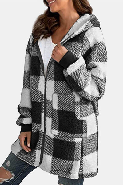 Double Take Plaid Long Sleeve Hooded Coat