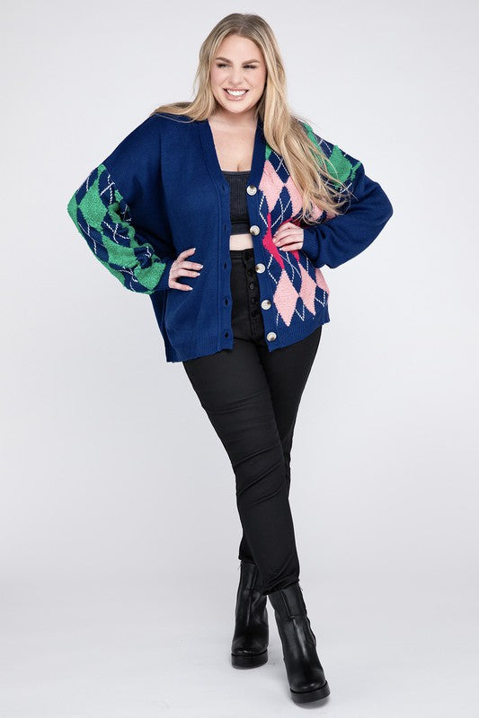 Argyle V Neck Button Front Cardigan