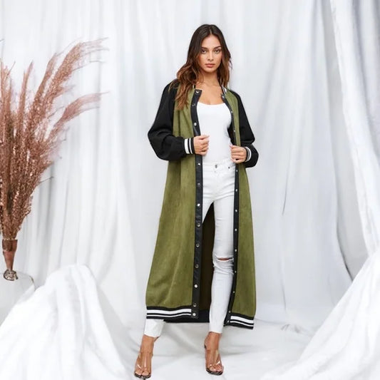 SoNo Chic Varsity Faux Suede Green Maxi Front Snap Jacket