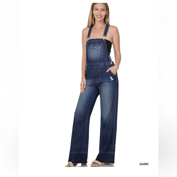 ZENANA Distressed Denim Overalls Dark Blue